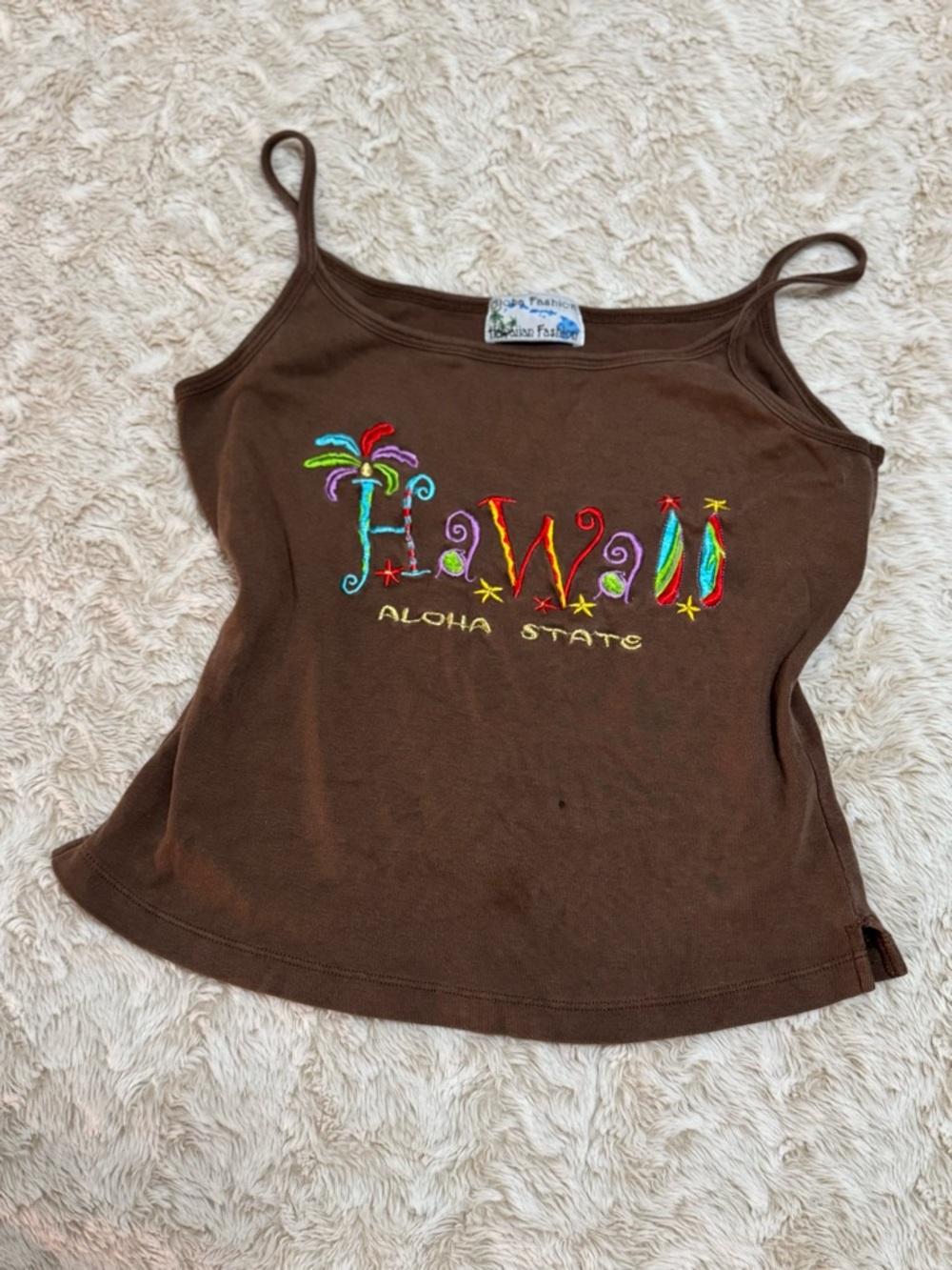 Brown Hawaii tank top with colorful embroidery